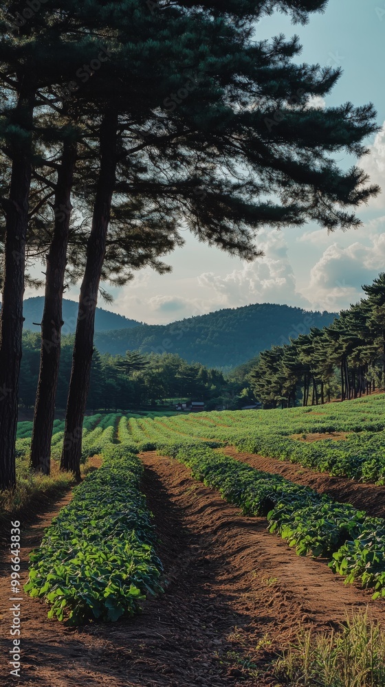Dense trees frame a vibrant agricultural field against a backdrop of rolling hills under a picturesque sky. Dense trees frame a vibrant agricultural field against a backdrop of rolling hills under a picturesque sky.