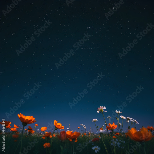 A starry night sky over a field of glowing orange and white flowers, creating a peaceful scene.