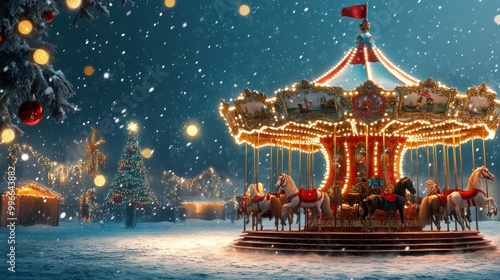 A vintage carousel lit up with twinkling lights, stands in a winter wonderland with a snowy ground and a decorated Christmas tree.