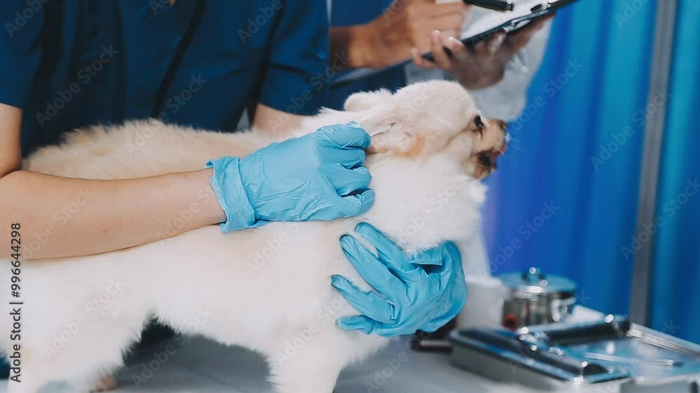 Examine the veterinarian's breath in work clothes, listen to the breath of a small dog, veterinary clinic, pet care concept. Examine the veterinarian's breath in work clothes, listen to the breath of a small dog, veterinary clinic, pet care concept.