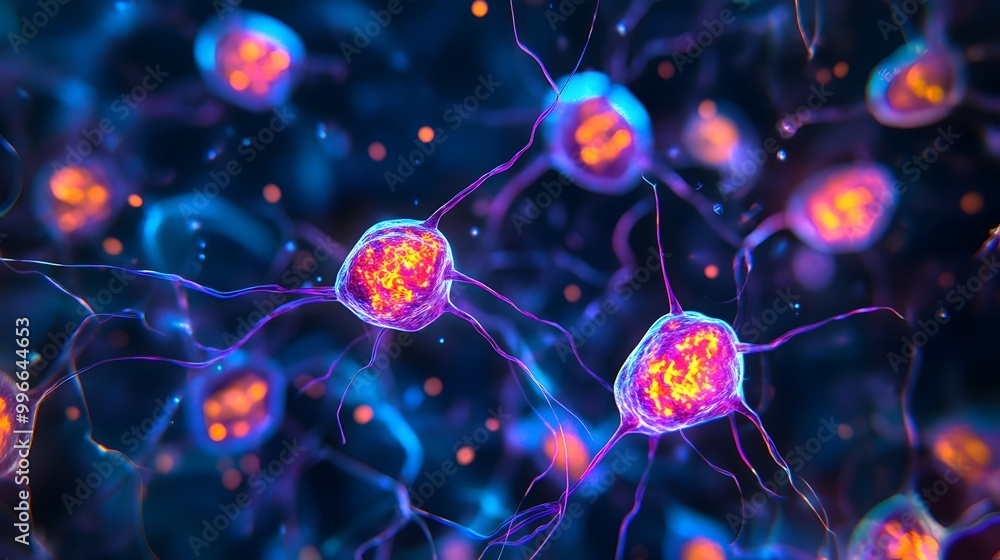 An illuminated view of nerve cells under a high-power biological microscope. An illuminated view of nerve cells under a high-power biological microscope.