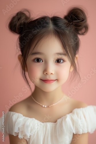 Charming young girl with a double buns hairstyle, wearing a white dress, against a soft pink background.