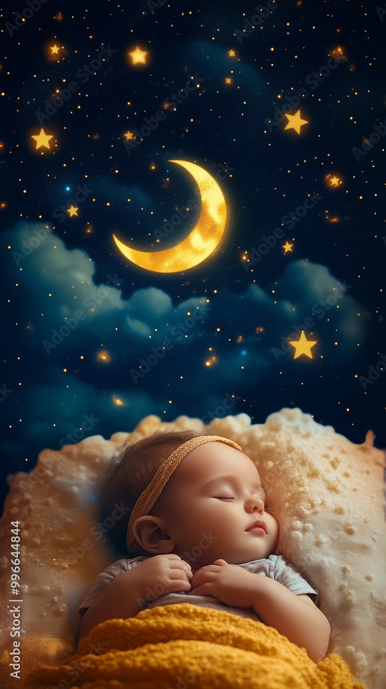 A serene baby peacefully asleep with a dreamy night sky background, featuring stars and a crescent moon. Calming bedtime scene.
A serene baby peacefully asleep with a dreamy night sky background, featuring stars and a crescent moon. Calming bedtime scene.