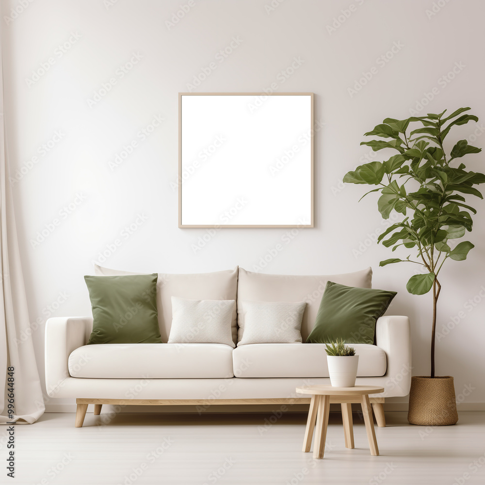 Mockup of a 1x1 square wooden frame in a modern living room interior with a sofa and green plants. Artwork, poster, art print, wall art mockup. Minimalist home interior. Mockup of a 1x1 square wooden frame in a modern living room interior with a sofa and green plants. Artwork, poster, art print, wall art mockup. Minimalist home interior.