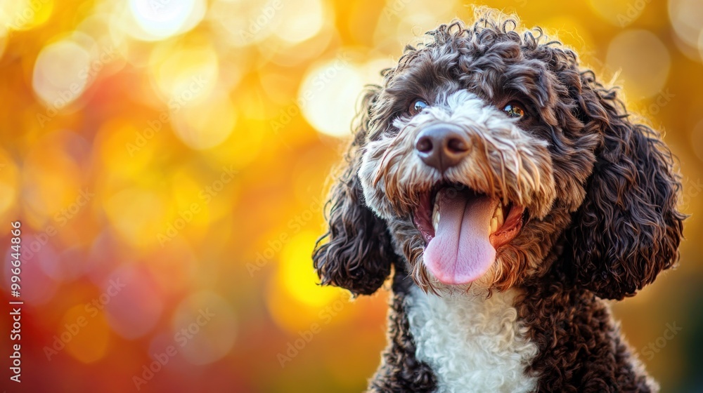 A happy dog with a playful expression against a colorful, blurred background. A happy dog with a playful expression against a colorful, blurred background.
