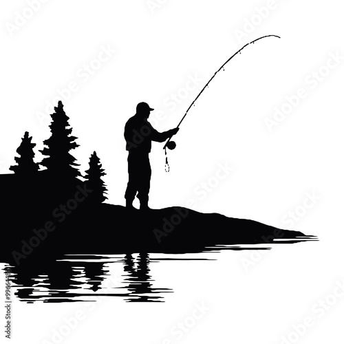 Vintage Fisherman Silhouette Vector Illustration Transparent Background