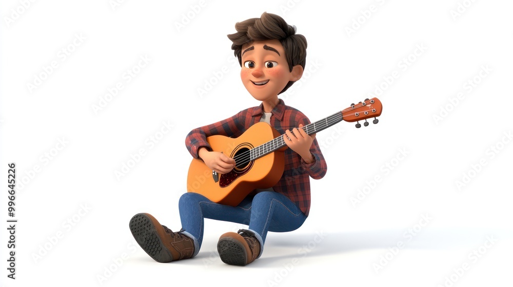 A cheerful animated character playing an acoustic guitar while sitting on the ground. A cheerful animated character playing an acoustic guitar while sitting on the ground.