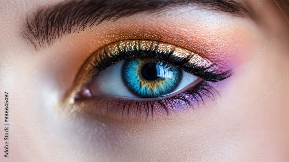 Obraz premium Close-up of a woman's blue eye with gold glitter eyeshadow.