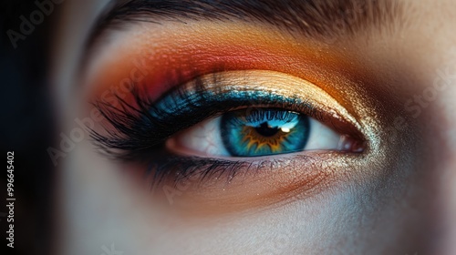 Closeup of a woman's blue eye with orange and gold eyeshadow.