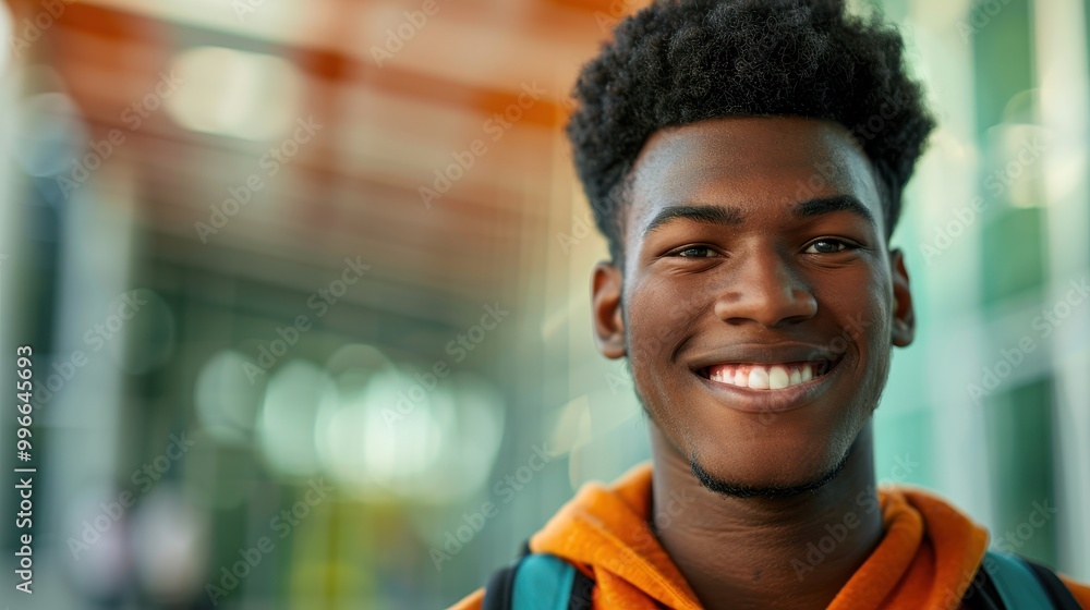 Smiling young man in an orange hoodie, standing in a modern, blurred background. Cheerful mood, vibrant colors. Smiling young man in an orange hoodie, standing in a modern, blurred background. Cheerful mood, vibrant colors.