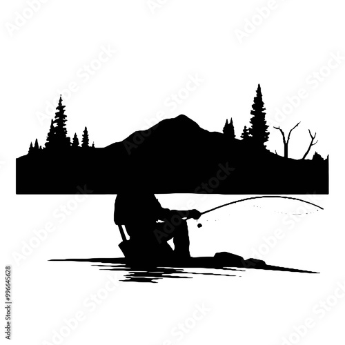 River Fisherman Silhouette Vector Illustration Transparent Background