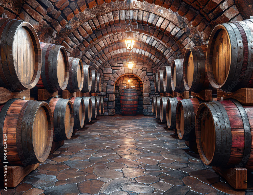 An old castle-style wine cellar with wooden barrels and brick walls An old castle-style wine cellar with wooden barrels and brick walls