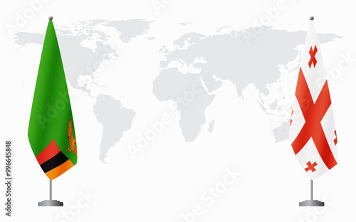Zambia and Georgia flags for official meeting against background of world map.