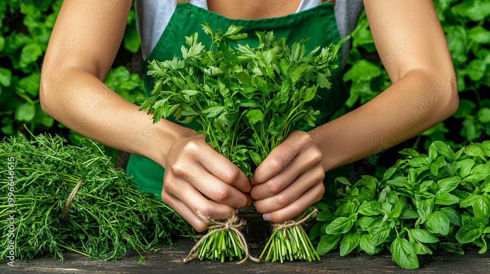 woman wrapping fresh herbs with twine woman wrapping fresh herbs with twine