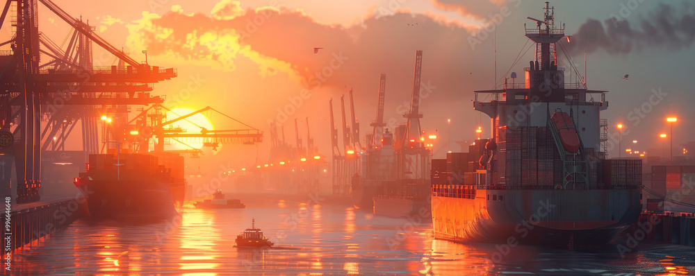 Sunset at a busy industrial harbor with cranes and cargo ships, showcasing a vibrant and dynamic atmosphere. Sunset at a busy industrial harbor with cranes and cargo ships, showcasing a vibrant and dynamic atmosphere.