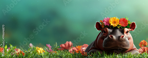 A cute hippo with a flower crown, lounging in a lovely meadow, cute hippo  lovely, whimsical nature scene photo