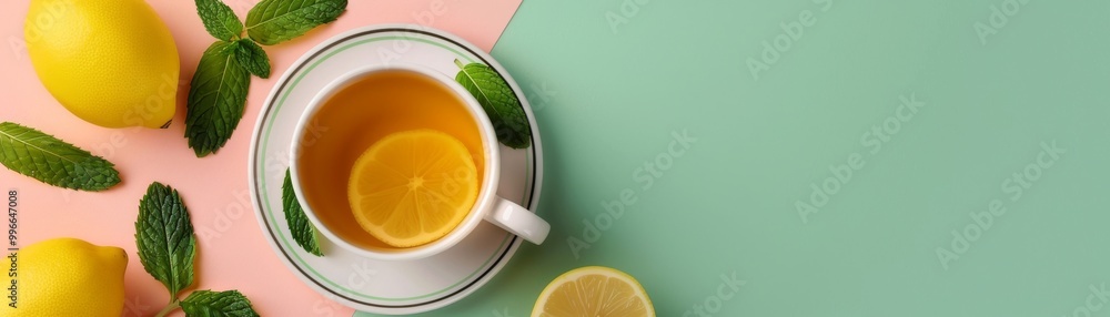 Top view of a cup of lemon tea with fresh mint leaves, surrounded by lemons on a vibrant pastel background. Refreshing and colorful scene. Top view of a cup of lemon tea with fresh mint leaves, surrounded by lemons on a vibrant pastel background. Refreshing and colorful scene.