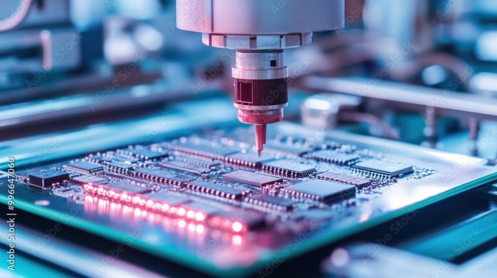 Close-up of a robotic arm assembling a circuit board. Close-up of a robotic arm assembling a circuit board.
