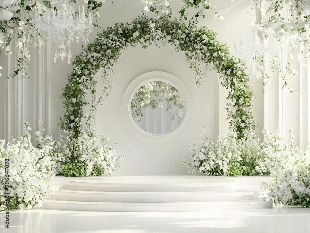 Elegant white wedding backdrop with floral arch and podium. Elegant white wedding backdrop with floral arch and podium.