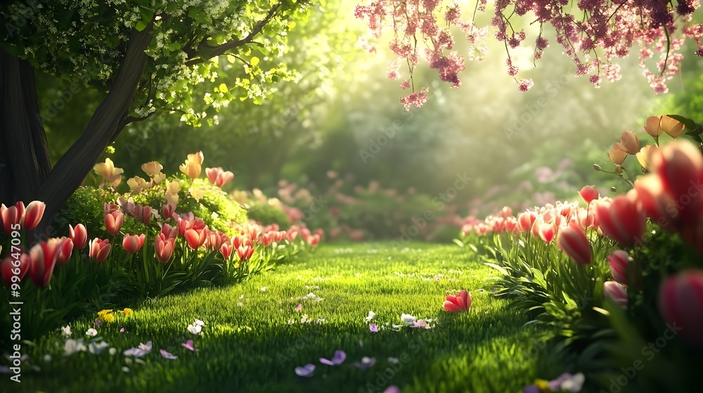 Lush green grass and colorful flowers fill a serene garden. Lush green grass and colorful flowers fill a serene garden.