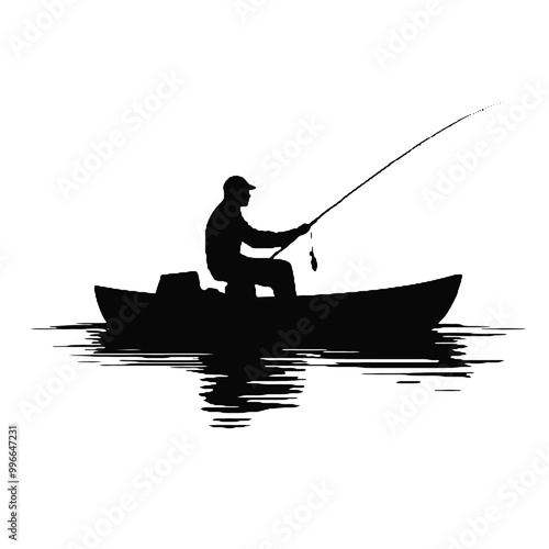 Man Fishing Silhouette – Black and White Vector Art on Transparent Background, Perfect for Logos and Ads