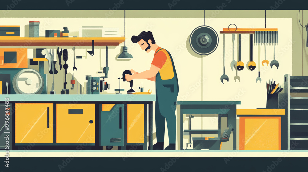 Depict someone using tools from the maintenance set to perform a repair or maintenance task. Show the person in action, such as fixing a leaky pipe, assembling furniture, or adjusting machinery Depict someone using tools from the maintenance set to perform a repair or maintenance task. Show the person in action, such as fixing a leaky pipe, assembling furniture, or adjusting machinery