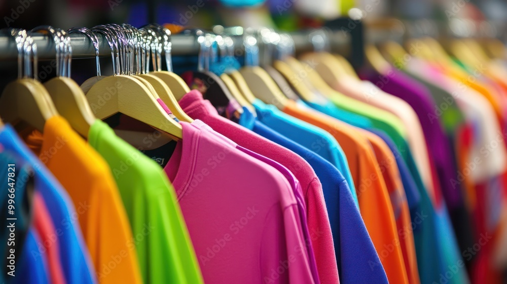 Close-up of colorful t-shirts hanging on wooden hangers. Close-up of colorful t-shirts hanging on wooden hangers.