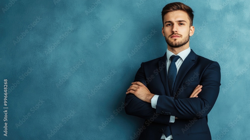 Confident businessman in a suit standing with arms crossed, showcasing professionalism and determination against a blue backdrop. Confident businessman in a suit standing with arms crossed, showcasing professionalism and determination against a blue backdrop.