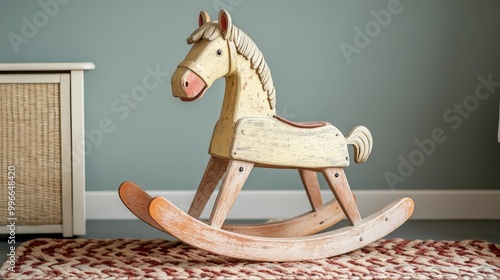 Old-fashioned wooden rocking horse with a faded mane, sitting on a braided rug in a nostalgic nursery photo