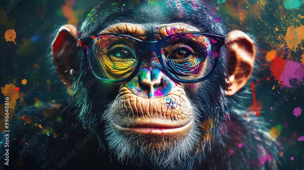 A chimpanzee wearing glasses with colorful paint splatter. A chimpanzee wearing glasses with colorful paint splatter.