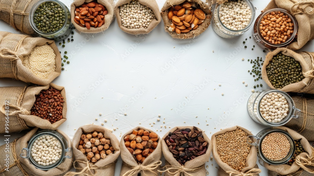 Variety of Organic Grains and Legumes in Sacks on White Background. Top View, Copy Space Variety of Organic Grains and Legumes in Sacks on White Background. Top View, Copy Space