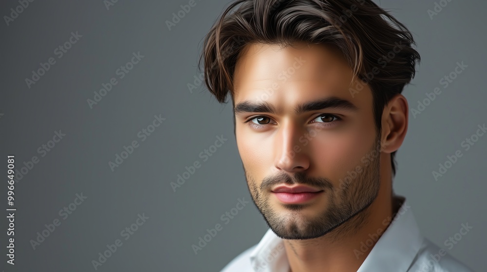 A close-up portrait of a handsome, confident man with styled hair and a well-groomed beard, wearing a white shirt against a neutral background.
A close-up portrait of a handsome, confident man with styled hair and a well-groomed beard, wearing a white shirt against a neutral background.