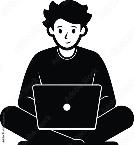 A professional male or young boy freelancer working with laptop silhouette vector art illustration design