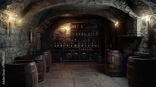 Rustic Wine Cellar with Stone Walls and Wooden Barrels