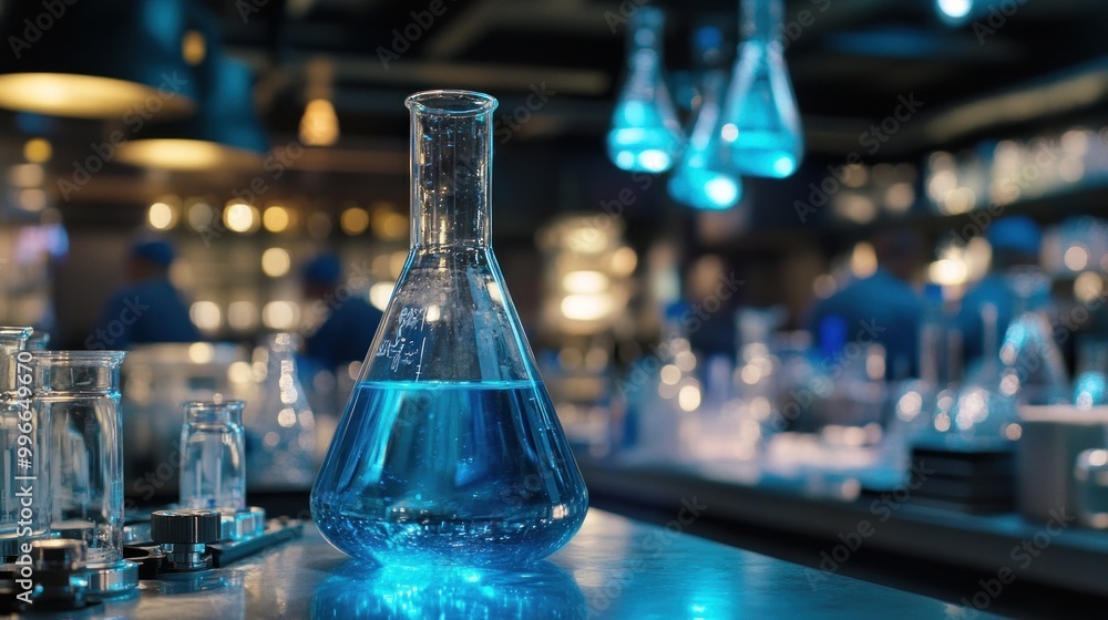 A laboratory scene featuring a flask with blue liquid, emphasizing scientific experimentation. A laboratory scene featuring a flask with blue liquid, emphasizing scientific experimentation.
