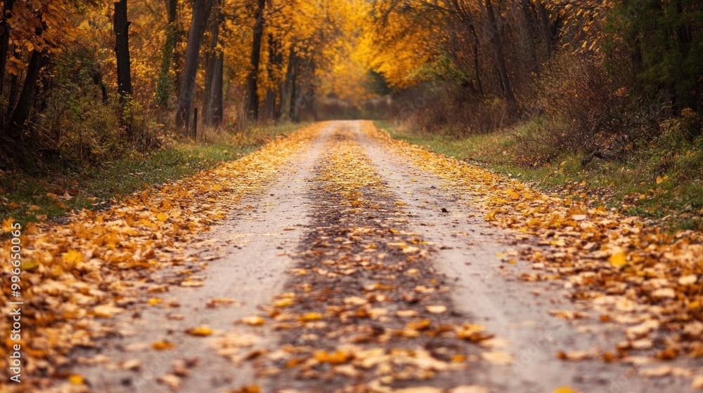 Fototapeta premium A winding path through the forest, covered in golden leaves, with trees on either side.