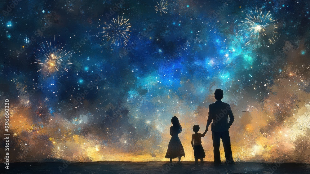 Family enjoying a starry night with fireworks in the background. Family enjoying a starry night with fireworks in the background.