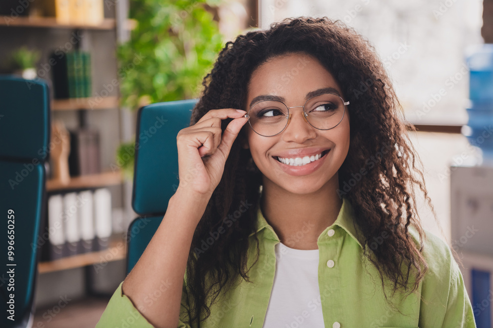 Photo of nice young woman office worker touch glasses think wear shirt loft interior business center indoors