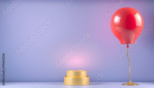 Red Balloon with Golden Stand and Platform on Purple Background.