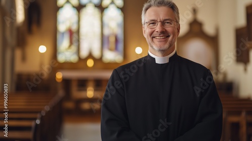 Anglican Clergyman Standing Composedly in Church Interior For Religious Print and Editorial Designs