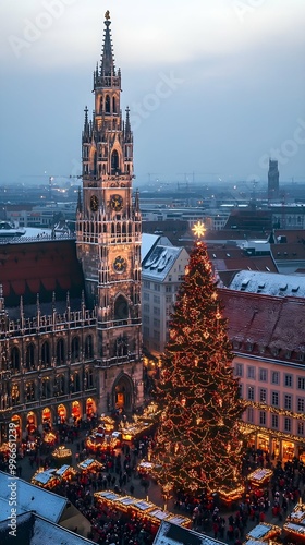 Munich Marienplatz Christmas Market with Illuminated Christmas Tree and New Town Hall. photo