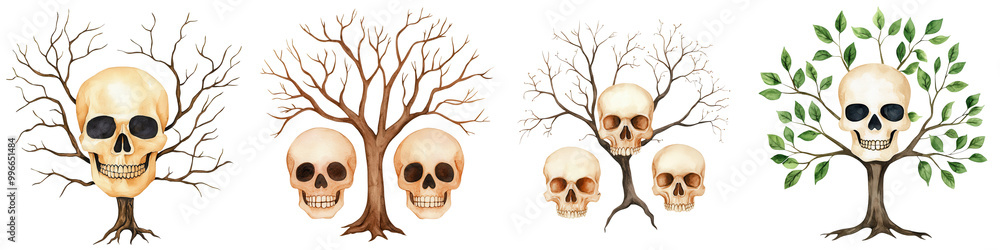 Obraz premium Skulls incorporated into tree designs, featuring various styles and colors.
