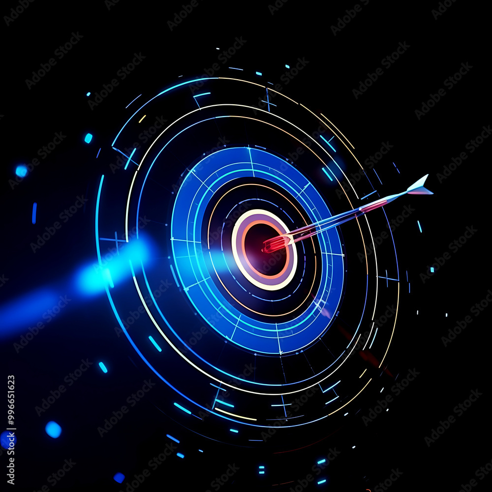 A target with an arrow in the center, icon on a black background A target with an arrow in the center, icon on a black background