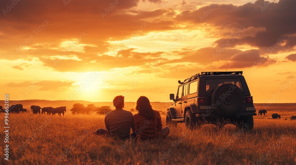 Fototapeta premium Couple sitting in tall grass, watching the sunset in the African savanna with a car parked nearby.