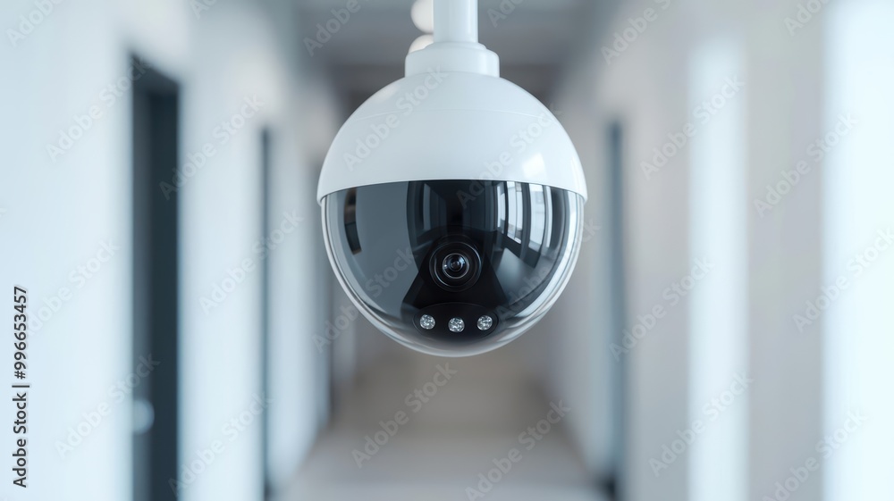 Sleek indoor surveillance camera watching over an empty hallway, showcasing continuous monitoring and advanced security features for home protection Sleek indoor surveillance camera watching over an empty hallway, showcasing continuous monitoring and advanced security features for home protection