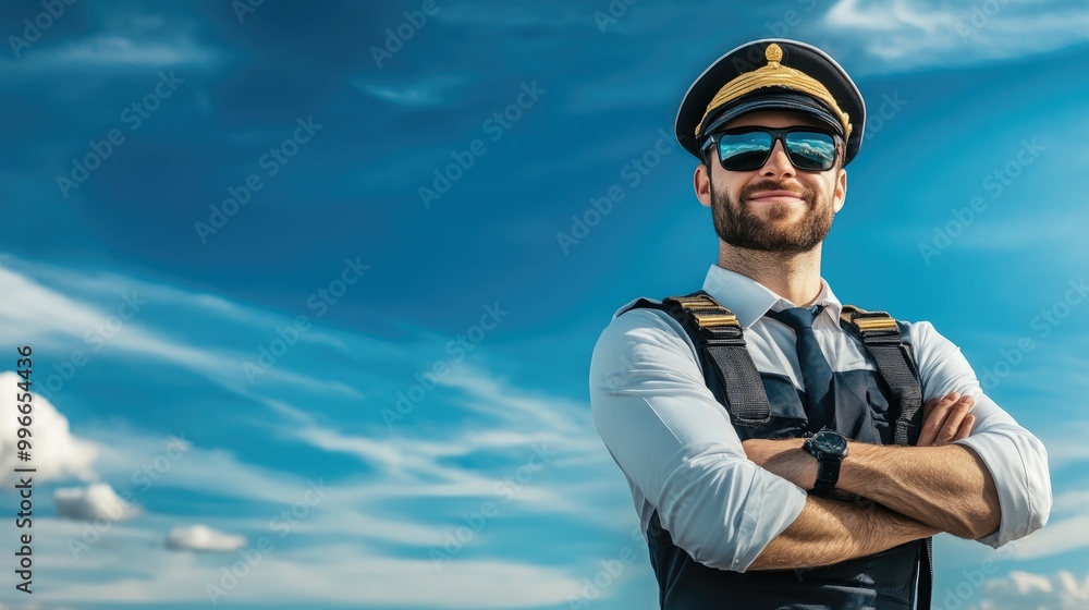 Confident pilot standing against a clear blue sky, showcasing professionalism and readiness for flight duties. Confident pilot standing against a clear blue sky, showcasing professionalism and readiness for flight duties.