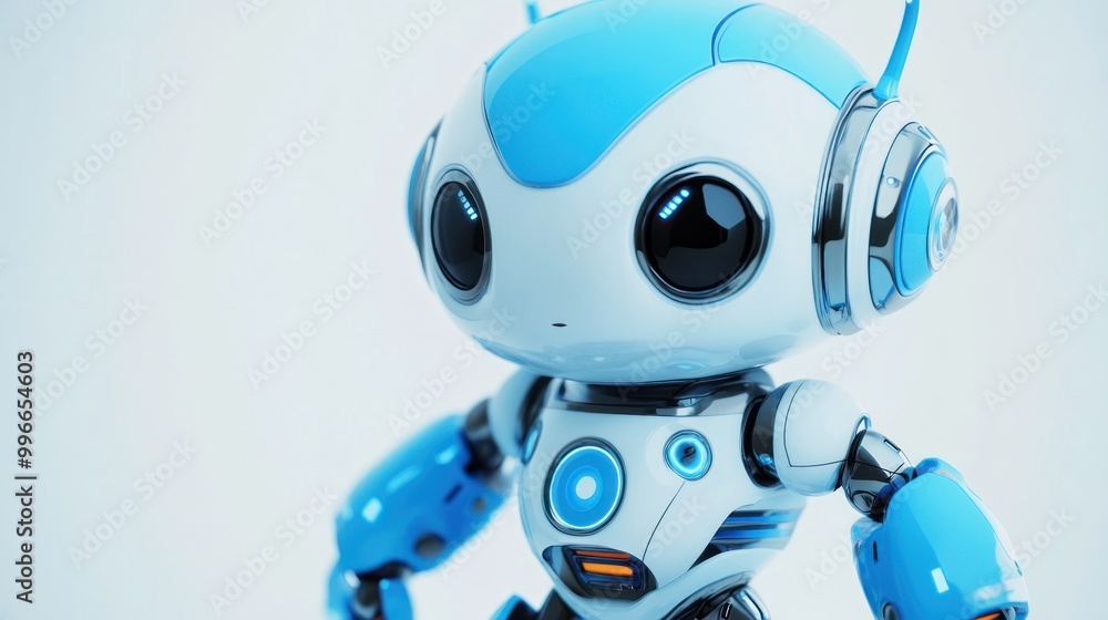 A friendly blue and white robot with large black eyes stands against a white background. A friendly blue and white robot with large black eyes stands against a white background.