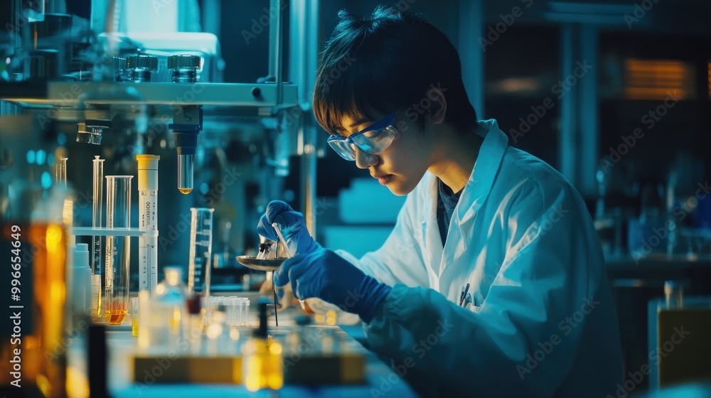 A young scientist conducts experiments in a lab, focused on research and discovery. A young scientist conducts experiments in a lab, focused on research and discovery.