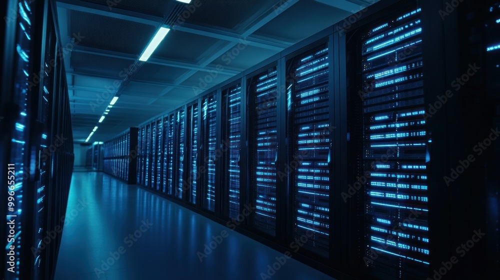 A corridor with server racks emitting blue light, showcasing a data center environment. A corridor with server racks emitting blue light, showcasing a data center environment.