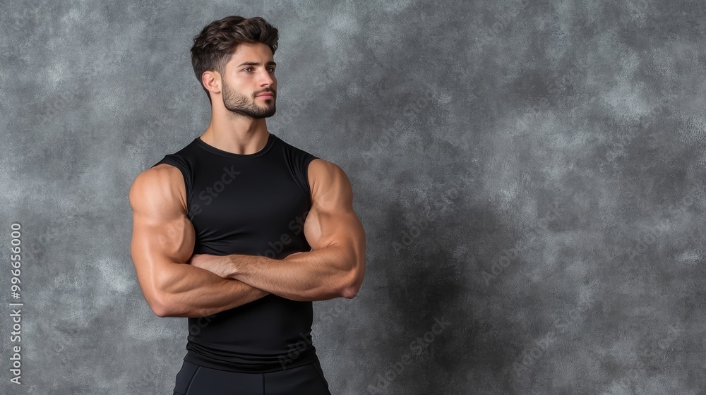 Fototapeta premium Confident young man with muscular build posing against a textured gray background, showcasing strength and fitness.